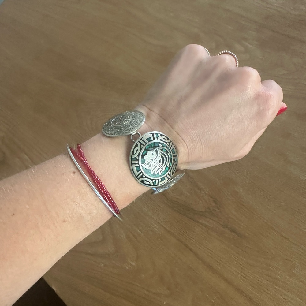 Sterling Silver and Turquoise Coin Bracelet: Made in Mexico - Picture 3 of 6